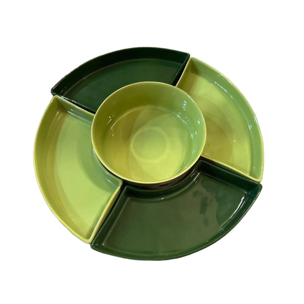 Vintage 5 Piece Ceramic Chip and Dip Serving Set Two Tone Green Modular Tray